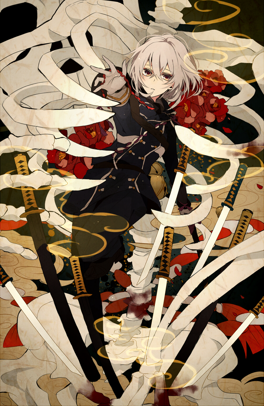 10s 1boy blood buttons double-breasted flower highres honebami_toushirou katana looking_at_viewer male_focus military military_uniform name_connection necktie object_namesake parted_lips sagatsu_(miicat) satsuki_(miicat) short_hair skeleton solo sword touken_ranbu weapon