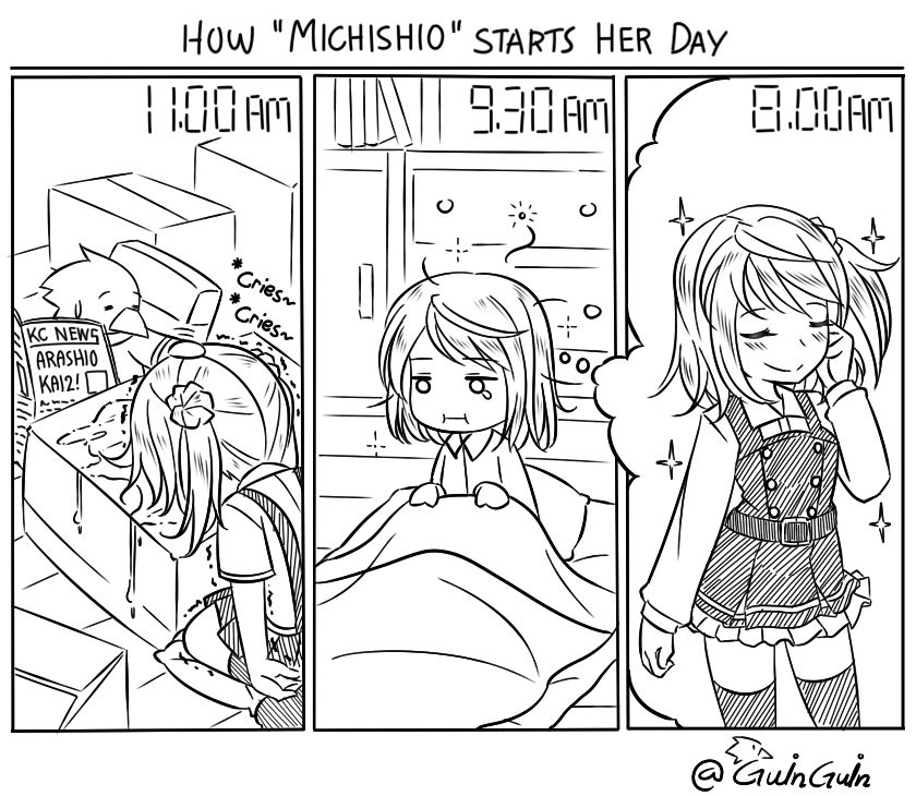 1girl 1other admiral_(kancolle) belt bird box cardboard_box closed_mouth crying dreaming dress english_text futon greyscale guin_guin hair_down headpat kantai_collection michishio_(kancolle) monochrome newspaper non-human_admiral_(kancolle) original_remodel_(kantai_collection) penguin pillow pinafore_dress side_ponytail sitting skirt sleepy sleeveless sleeveless_dress smile sparkle suspenders tears trembling wariza