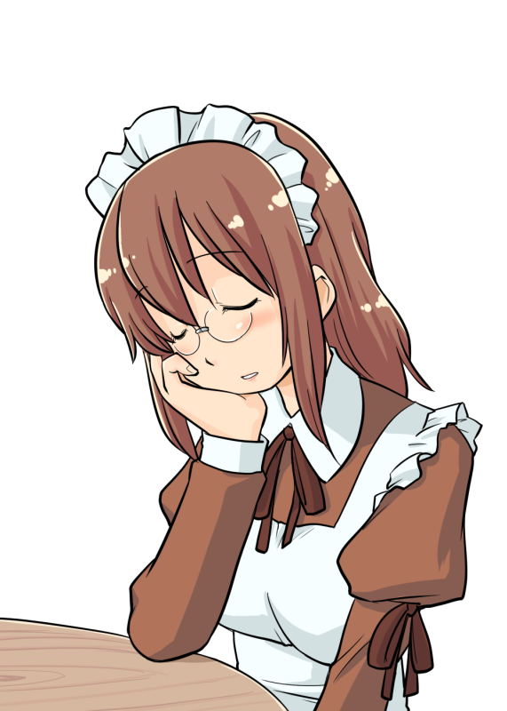 1girl brown_hair closed_eyes female_focus futaba_channel glasses long_hair maid nemui nijiura_maids pince-nez simple_background sleeping solo white_background