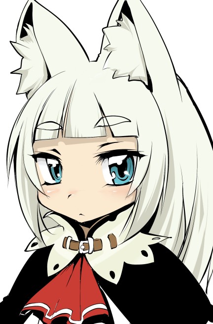 1girl 7th_dragon 7th_dragon_(series) animal_ears ascot blue_eyes coat commentary_request expressionless fox_ears ikurakun_(7th_dragon) long_hair looking_at_viewer mage_(7th_dragon) mochi_(circle_rin) simple_background solo thick_eyebrows upper_body white_background white_hair