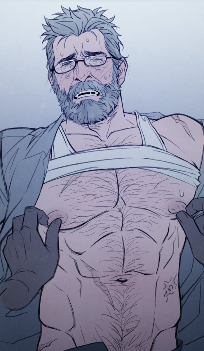 2boys abs asd4486 bara beard blush bullet_hole chest_hair clothes_lift disembodied_hand facial_hair full-face_blush full_beard glasses grey_background grey_hair hairy half-closed_eyes large_pectorals logan_(movie) looking_at_viewer male_focus marvel multiple_boys muscular muscular_male navel nipple_pull nipple_stimulation nipples old old_man pectorals scar solo_focus sweatdrop tank_top teeth thick_beard wolverine_(x-men) x-men x-men_film_series yaoi