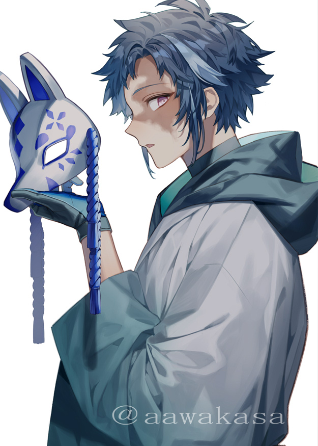 1boy black_gloves blue_gloves blue_hair commentary_request fox_mask from_side gloves half_mask hand_up holding holding_mask hood hood_down jacket long_sleeves looking_at_viewer looking_to_the_side male_focus mask original parted_lips profile purple_eyes ryuuki_(hydrangea) simple_background solo twitter_username upper_body white_background white_jacket wide_sleeves