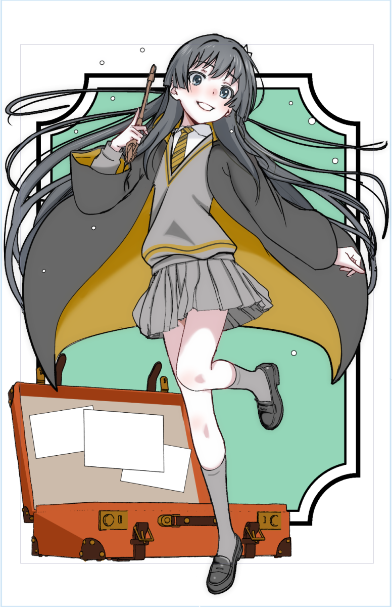 1girl black_cloak black_hair black_necktie black_shoes black_trim blunt_sidelocks blush border breasts cape cloak collared_shirt commentary_request diagonal-striped_clothes diagonal-striped_necktie dress_shirt floating_cape floating_clothes floating_hair foot_up full_body green_eyes grey_skirt grey_sweater grin hand_up harry_potter_(series) highres holding holding_wand hufflepuff long_hair looking_at_viewer necktie niea nose_blush open_suitcase outstretched_arm parody parted_lips partially_colored pleated_skirt saten_ruiko school_uniform shirt shoes sidelocks skirt small_breasts smile solo standing standing_on_one_leg striped_clothes suitcase sweater toaru_kagaku_no_railgun toaru_majutsu_no_index trim_marks two-sided_cape two-sided_cloak two-sided_fabric v-neck very_long_hair wand white_border white_shirt wizarding_world yellow_cloak yellow_necktie yellow_trim