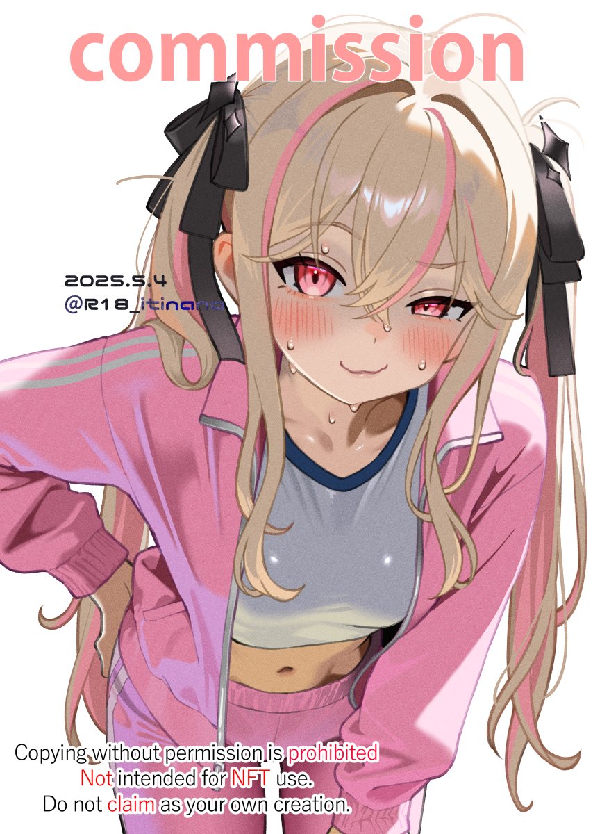 1girl 2025 black_ribbon blonde_hair breasts character_request closed_mouth commentary_request commission copyright_request crop_top crossed_bangs dated hair_between_eyes hair_ribbon hand_on_own_hip highres itinana jacket leaning_forward long_hair long_sleeves looking_at_viewer midriff multicolored_hair navel open_clothes open_jacket pants pink_eyes pink_hair pink_jacket pink_pants ribbon shirt skeb_commission solo streaked_hair twintails two-tone_hair variant_set watermark white_shirt