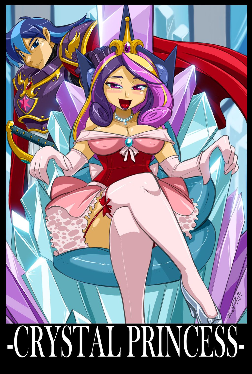 1boy 1girl armor blonde_hair blue_eyes blue_hair breasts cape cleavage couple crown crystal elbow_gloves gloves highres jewelry crossed_legs lips lipstick magenta_eyes makeup multicolored_hair my_little_pony my_little_pony:_friendship_is_magic necklace open_mouth personification pink_hair princess_cadance purple_hair rapier shining_armor shonuff44 smile streaked_hair sword thighhighs throne tongue weapon