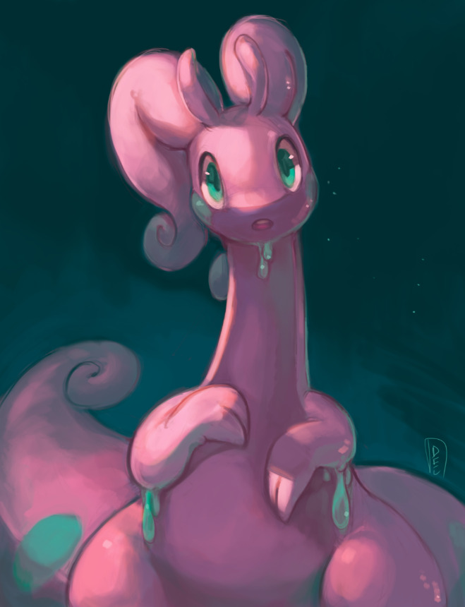 :o blue_background commentary creature delano-laramie dragon english_commentary gen_6_pokemon goodra green_eyes looking_at_viewer nintendo no_humans pokemon pokemon_(creature) signature simple_background solo standing upper_body