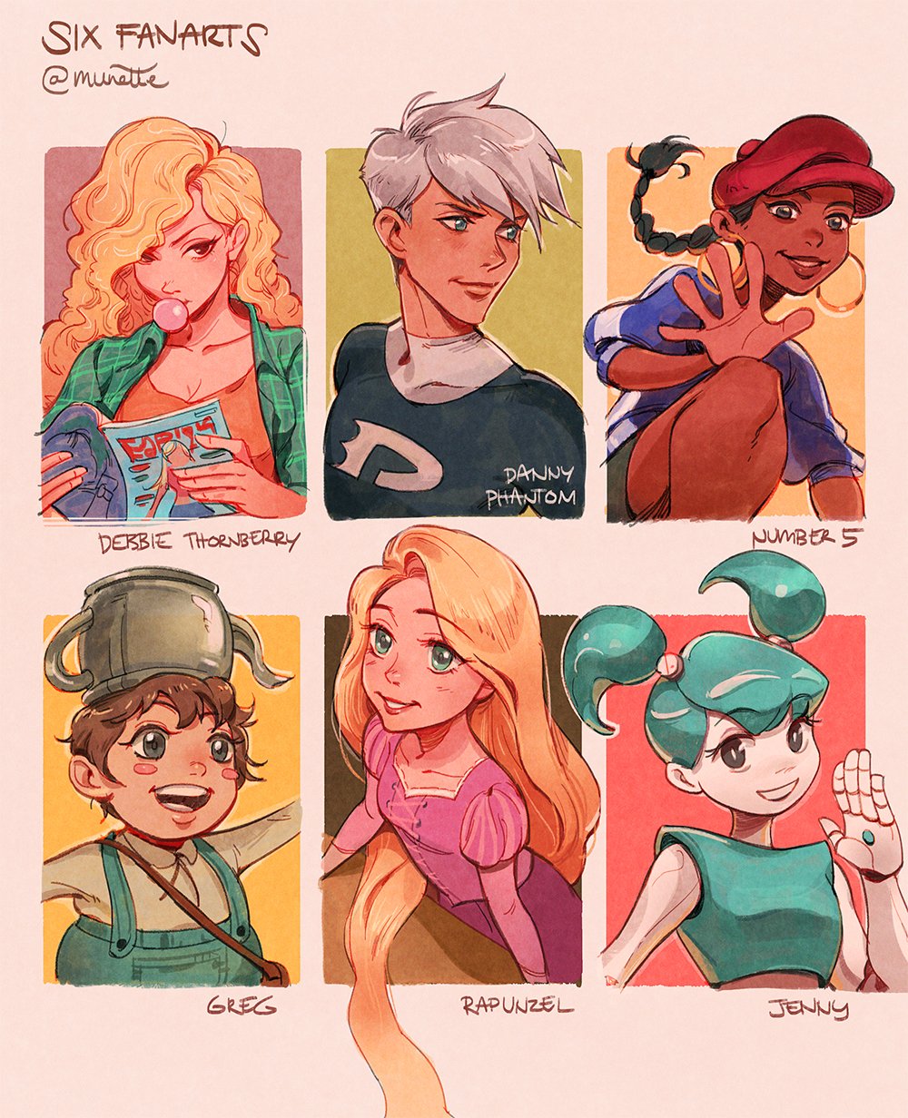 2boys 4girls artist_name black_hair blonde_hair blowing_bubbles blue_shirt breasts brown_eyes brown_hair character_name cleavage codename:_kids_next_door collarbone collared_shirt curly_hair danny_fenton danny_phantom dark-skinned_female dark_skin deborah_thornberry dress ear_piercing earrings english_text eyebrows eyelashes green_eyes green_jacket gregory_(over_the_garden_wall) hat highres jacket jenny_wakeman jewelry lips long_hair long_sleeves looking_at_viewer magazine_(object) multiple_boys multiple_drawing_challenge multiple_girls munette my_life_as_a_teenage_robot numbuh_5 orange_shirt over_the_garden_wall pale_skin piercing pink_dress ponytail rapunzel_(disney) robot shirt short_hair six_fanarts_challenge sleeves_rolled_up tan tangled teapot twitter_username very_long_hair watermark waving white_hair wild_thornberrys
