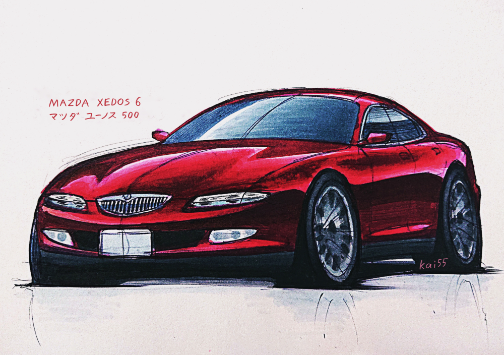 artist_name car grey_background kai55 mazda mazda_xedos_6 motor_vehicle no_humans original red_car shadow traditional_media vehicle_focus vehicle_name