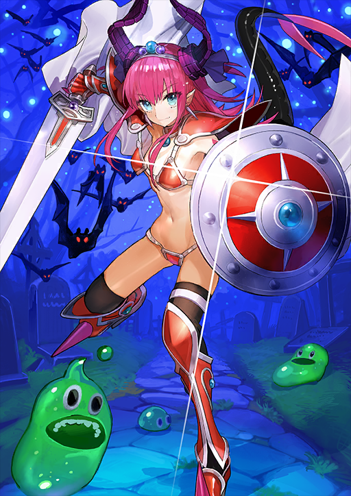 1girl animal armor armored_boots asymmetrical_legwear bare_tree bat_(animal) bikini_armor black_thighhighs blue_background blue_sky boots breasts cape choker closed_mouth creature cross diffraction_spikes dragon_girl dragon_horns dragon_tail dynamic_pose earrings eighteen_(fate) elizabeth_bathory_(brave)_(fate) elizabeth_bathory_(fate) fate/grand_order fate_(series) fighting_stance foot_out_of_frame forked_tail gauntlets glint gloves graveyard hair_between_eyes holding holding_shield holding_sword holding_weapon horns jewelry latin_cross long_hair long_sidelocks looking_at_viewer navel night official_art outdoors outstretched_arms oversized_clothes path pink_hair pointy_ears purple_horns red_armor red_boots red_choker red_gloves retronia_(fate) revealing_clothes road shield shoulder_armor sidelocks sky slime_(creature) small_breasts smile solo spiked_boots stomach sword tail thigh_strap thighhighs third-party_source tiara tombstone tree uneven_legwear v-shaped_eyebrows wada_arco weapon white_cape