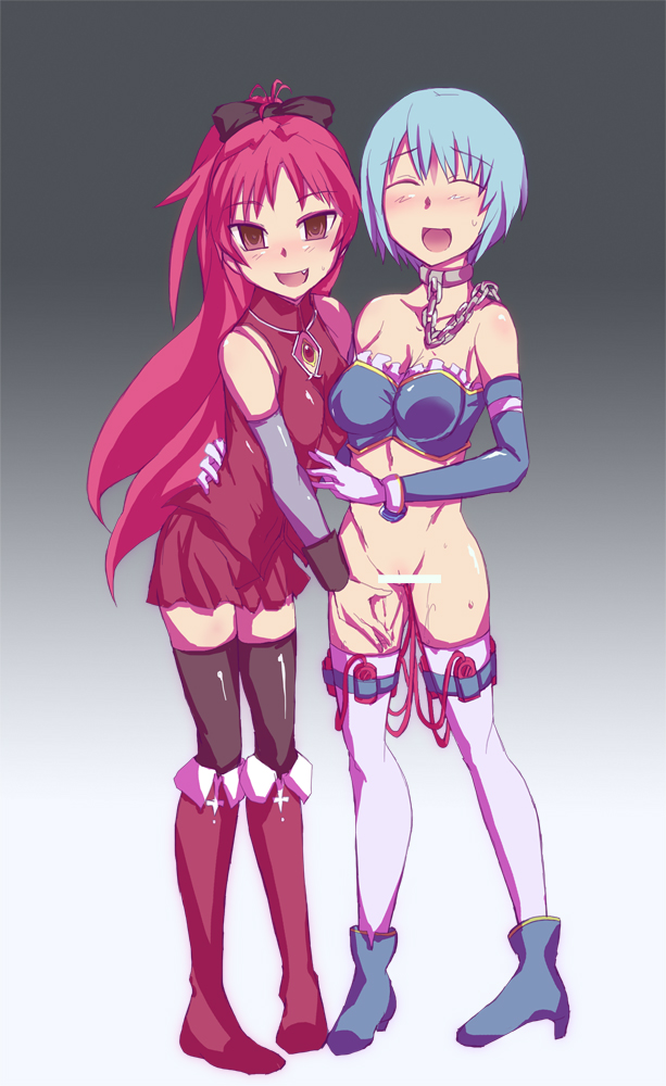 2girls bar_censor blue_hair blush boots bottomless bow censored chain closed_eyes collar collarbone elbow_gloves fang gedou_danshaku gloves gradient_background hair_bow long_hair looking_at_viewer mahou_shoujo_madoka_magica midriff miki_sayaka multiple_girls navel open_mouth ponytail red_eyes red_hair sakura_kyoko sex_toy short_hair thighhighs vibrator vibrator_cord yuri