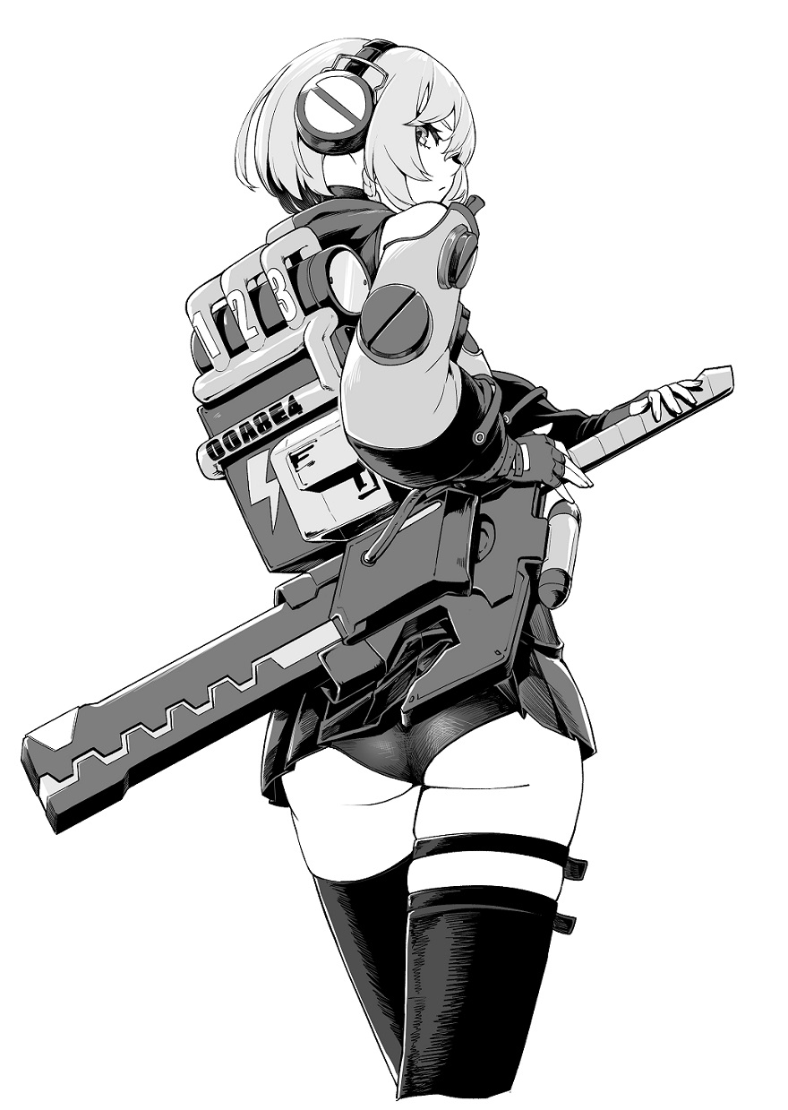 1girl :/ anby_demara ass braid closed_mouth cropped_legs fingerless_gloves flat_ass from_behind gloves greyscale hand_on_hilt headphones highres long_sleeves looking_at_viewer looking_back microskirt monochrome panties pleated_skirt police_riot_(artist) short_hair side_braid sideways_glance skirt solo thigh_strap thighhighs underbutt underwear weapon zenless_zone_zero