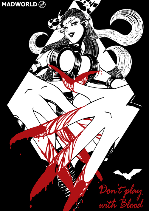 blood breasts cleavage demon_girl elise_(madworld) fingernails horns large_breasts long_fingernails madworld monochrome sega smile vampire