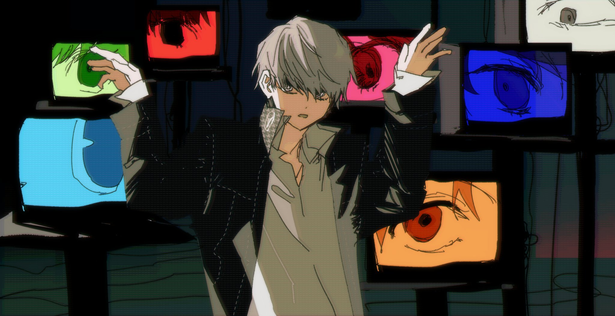 1boy amagi_yukiko arms_up black_jacket collared_shirt goguma_wagamja grey_eyes grey_hair hanamura_yousuke highres houndstooth indoors jacket kujikawa_rise kuma_(persona_4) looking_at_another looking_to_the_side male_focus narukami_yu open_mouth persona persona_4 satonaka_chie school_uniform shirogane_naoto shirt short_hair tatsumi_kanji television upper_body very_short_hair white_shirt yasogami_school_uniform