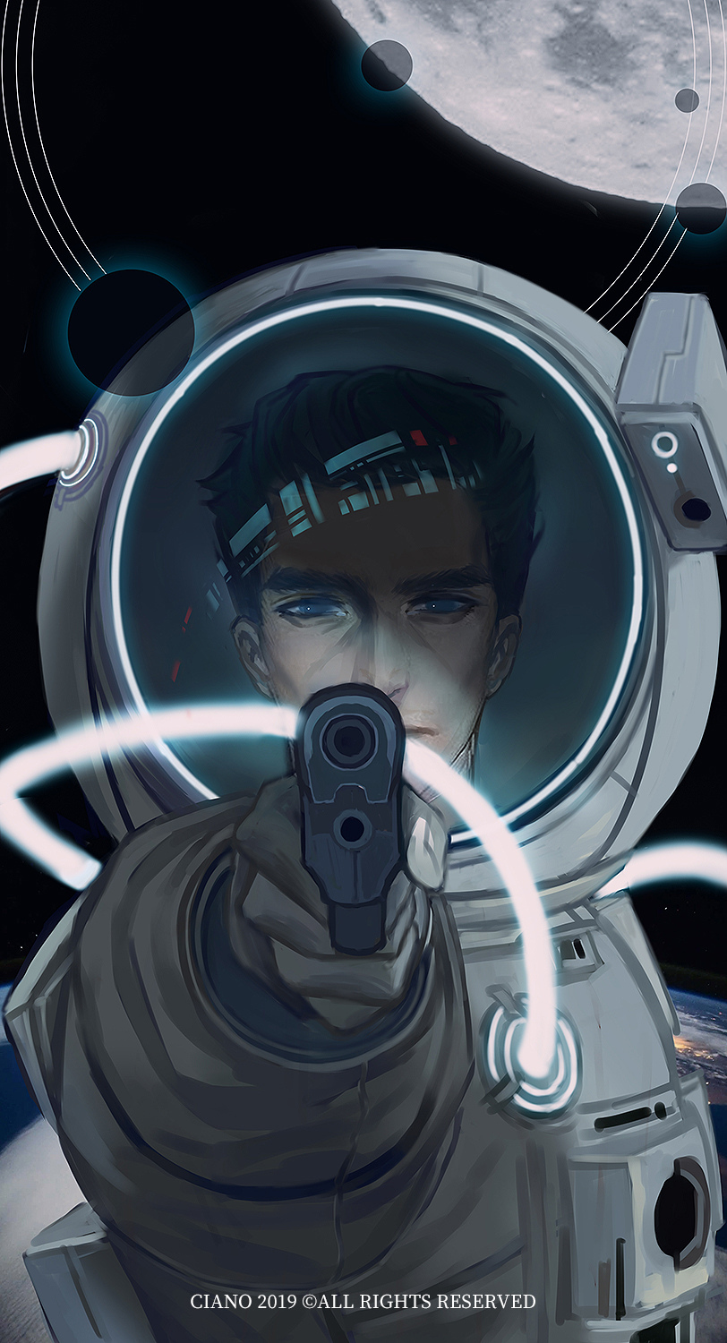 1boy astronaut blue_eyes chinese_commentary close-up commentary_request copyright_notice earth_(planet) english_text expressionless gun handgun helmet highres in_orbit looking_at_viewer male_focus mieheal-c moon planet aiming reflection remembrance_of_earth&#039;s_past short_hair solo sophon space space_helmet spacesuit spoilers upper_body weapon zhang_beihai