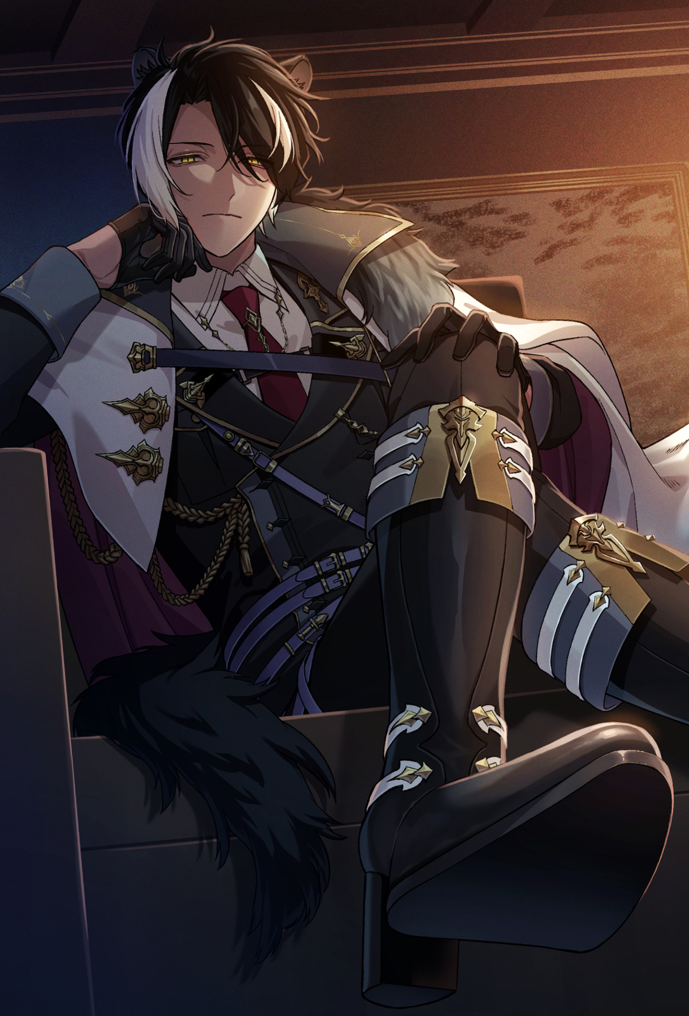 1boy animal_ears belt black_boots black_gloves black_hair black_jacket black_pants boots cape collared_shirt gloves half_gloves hand_on_own_face hand_on_own_knee hand_up high_heels highres holostars indoors jackal_boy jackal_ears jackal_tail jacket kageyama_shien kageyama_shien_(7th_costume) male_focus multicolored_hair multiple_belts necktie pants ramenumai_ika red_necktie shirt short_hair solo two-sided_cape two-sided_fabric two-tone_hair virtual_youtuber white_cape white_hair white_shirt yellow_eyes