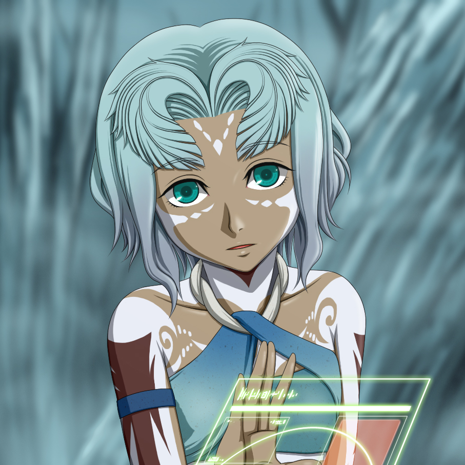 1girl a&#039;k antennae dark-skinned_female dark_skin facial_tattoo female_focus forest godzilla:_city_on_the_edge_of_battle godzilla:_planet_of_the_monsters godzilla_(series) green_eyes hologram houtua looking_at_viewer miana monster_girl multicolored_hair nature pink_hair polygon_pictures smile solo tattoo toho tree tribal tribal_tattoo two-tone_hair white_hair