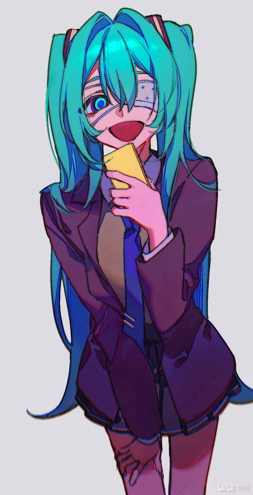 1girl :d aqua_eyes aqua_hair artist_name bilibili_username black_skirt blazer blue_necktie brown_jacket cellphone chinese_commentary chromatic_aberration commentary_request cowboy_shot double-parted_bangs eyepatch false_smile grey_background hair_between_eyes hair_intakes hand_on_own_thigh hand_up hatsune_miku highres holding holding_phone jacket long_hair long_sleeves looking_at_viewer medical_eyepatch miniskirt monitoring_(vocaloid) multicolored_eyes necktie one_eye_covered open_clothes open_jacket open_mouth phone pleated_skirt ranwu school_uniform simple_background skirt smartphone smile solo tie_clip twintails very_long_hair vocaloid watermark wing_collar winter_uniform