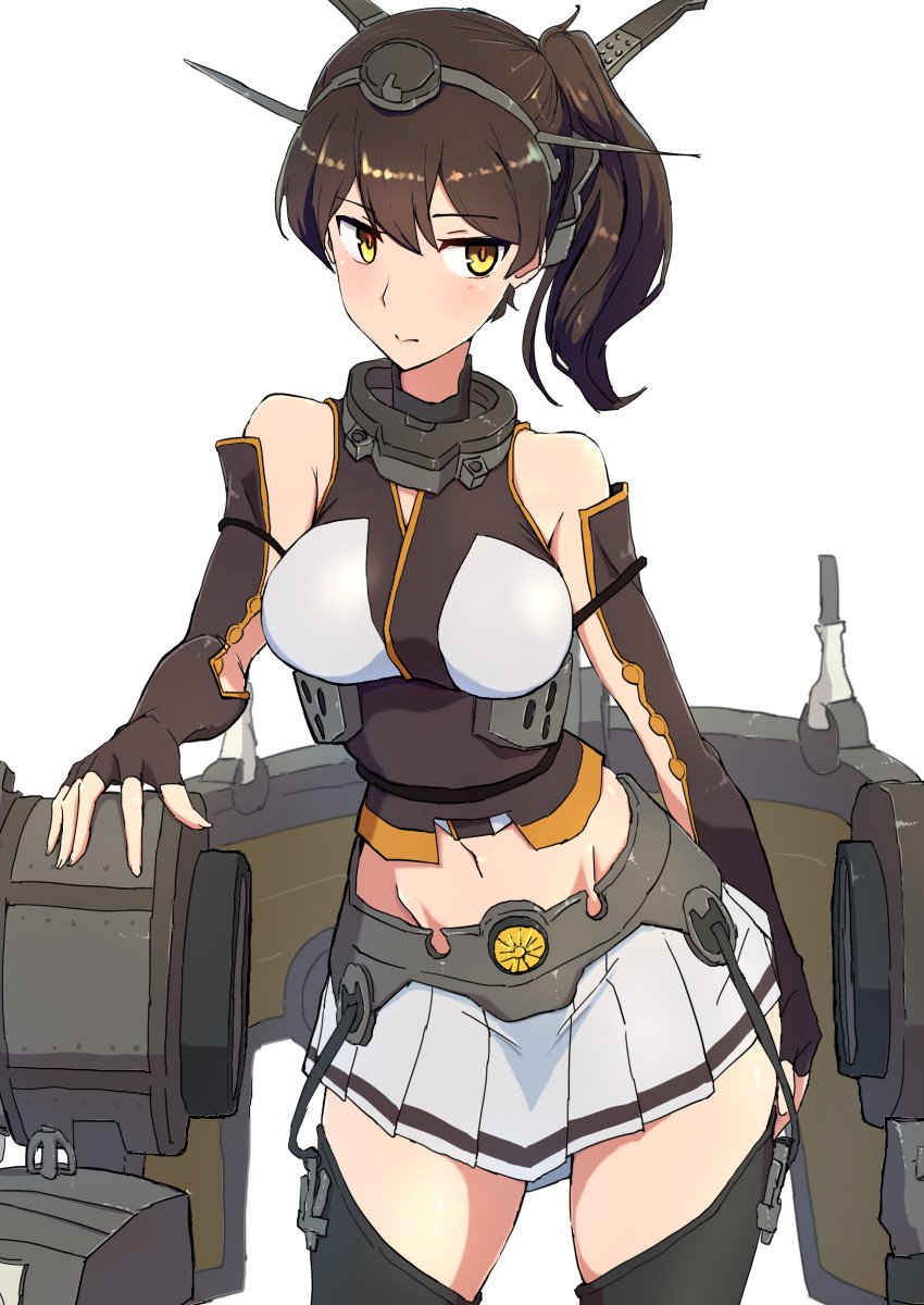 1girl alternate_costume black_gloves black_thighhighs breasts brown_eyes brown_hair closed_mouth collar comala_(komma_la) cosplay elbow_gloves female_focus fingerless_gloves gloves headgear highres kaga_(kancolle) kantai_collection looking_at_viewer medium_breasts medium_hair metal_collar midriff nagato_(kancolle) nagato_(kancolle)_(cosplay) navel rigging ship_turret side_ponytail simple_background skirt solo striped_clothes striped_skirt thighhighs upper_body white_background white_skirt