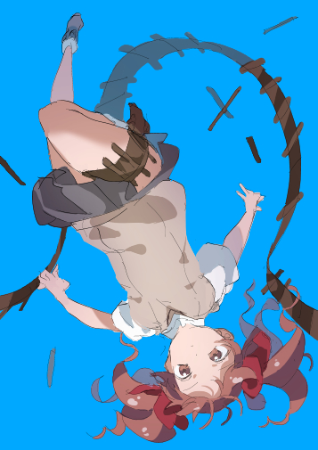 1girl bow brown_eyes brown_hair brown_sweater_vest hair_bow hair_ornament long_hair looking_at_viewer needle nmdsk ribbon school_uniform shirai_kuroko simple_background skirt solo summer_uniform sweater_vest toaru_kagaku_no_railgun toaru_majutsu_no_index tokiwadai_school_uniform twintails upside-down