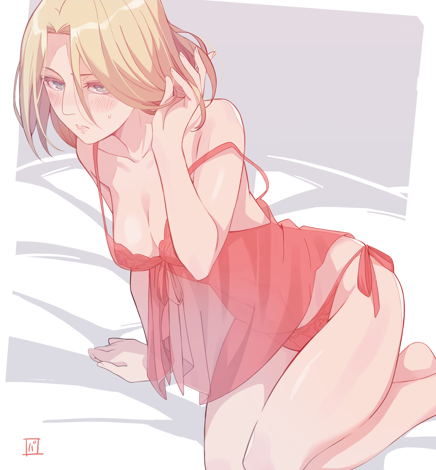 1girl annie_leonhart arm_support bare_shoulders blonde_hair blush breasts camisole cleavage closed_mouth collarbone embarrassed feet_out_of_frame grasshopper193 grey_eyes half-closed_eyes highres kneeling long_hair medium_breasts panties red_camisole red_panties shingeki_no_kyojin side-tie_panties solo strap_slip sweatdrop underwear