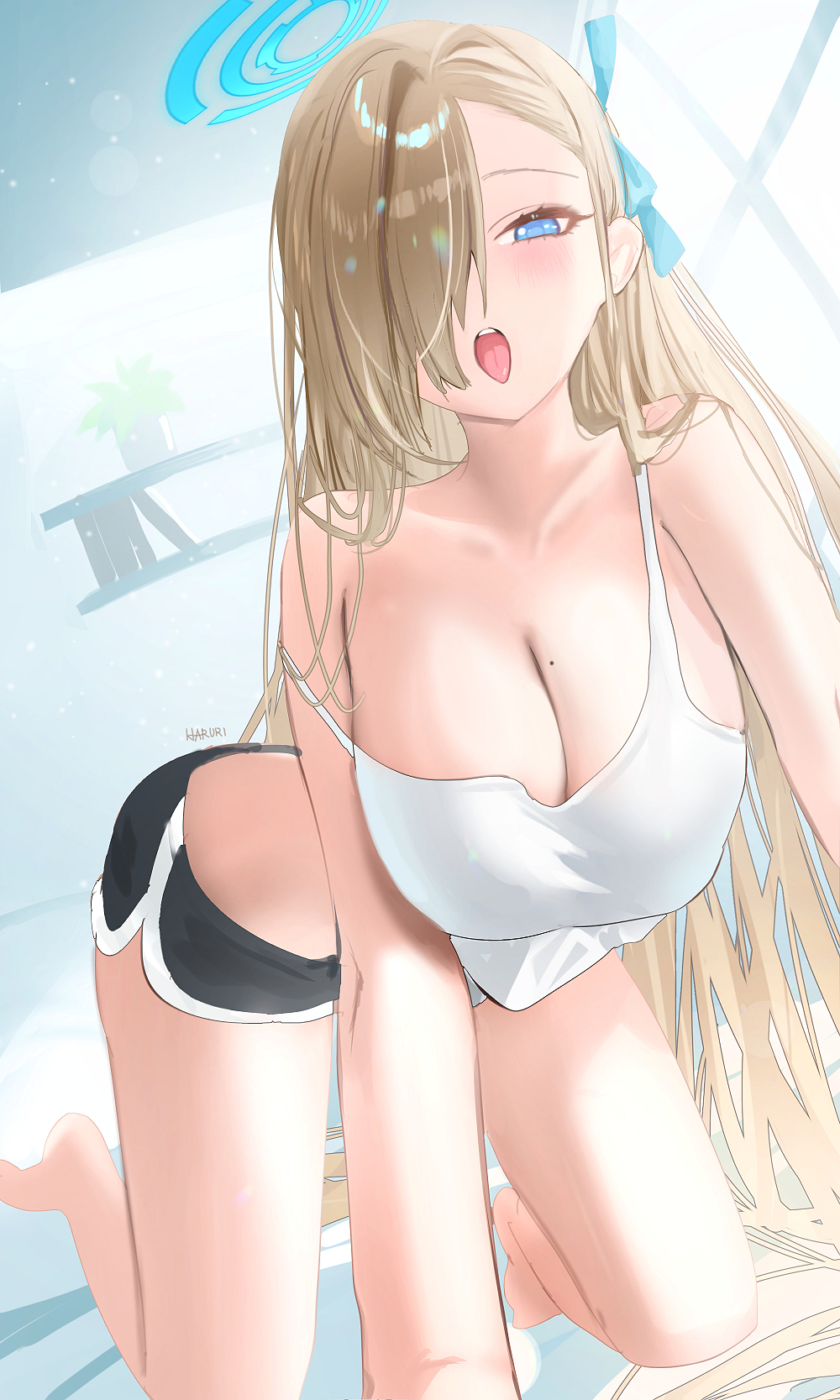 1girl :o all_fours alternate_costume artist_name asuna_(blue_archive) asymmetrical_bangs bare_legs barefoot bed_sheet black_shorts blue_archive blush breasts brown_hair cleavage collarbone dolphin_shorts hair_over_one_eye hair_ribbon halo haruri highres indoors large_breasts long_hair looking_at_viewer mole mole_on_breast one_eye_covered plant potted_plant ribbon short_shorts shorts solo strap_slip tongue tongue_out very_long_hair
