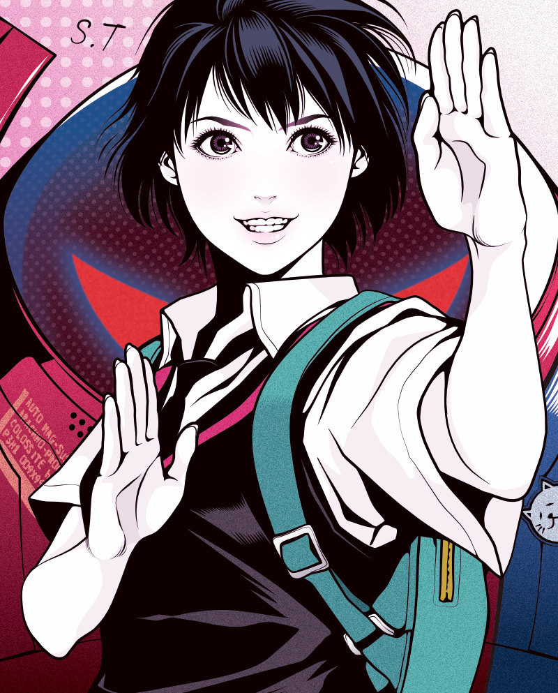 1girl black_hair black_necktie black_vest clenched_teeth collared_shirt commentary_request english_text eyelashes fighting_stance limited_palette looking_to_the_side marvel necktie pale_skin parted_lips peni_parker pink_lips purple_eyes shirt short_hair short_sleeves signature solo spider-man:_across_the_spider-verse spider-man:_into_the_spider-verse spider-man_(series) spider-verse spot_color takanashi_shin teeth upper_body vest white_shirt