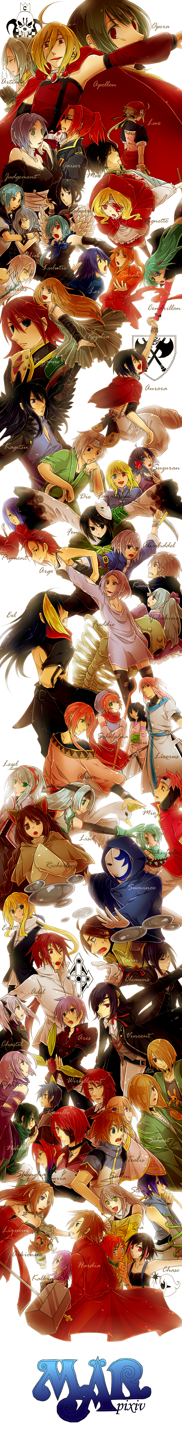 absurdres ahoge animal_ears bandage_over_one_eye bell bird black_eyes black_hair black_ribbon blonde_hair blood blue_eyes blue_hair braid brown_gloves brown_hair candle cape character_name character_request copyright_name copyright_request crown earrings eye_mask eyepatch gloves green_eyes green_hair grey_hair hair_ornament hair_over_one_eye hair_ribbon hat highres holding holding_paintbrush holding_smoking_pipe holding_stuffed_toy holding_weapon jewelry long_image mask mask_on_head multicolored_hair neck_bell open_mouth orange_eyes orange_hair paintbrush pink_eyes pink_hair purple_eyes purple_hair red_eyes red_hair ribbon sash smoking_pipe stuffed_animal stuffed_toy swan tall_image tamaki_(glass_bottle) two-tone_hair weapon