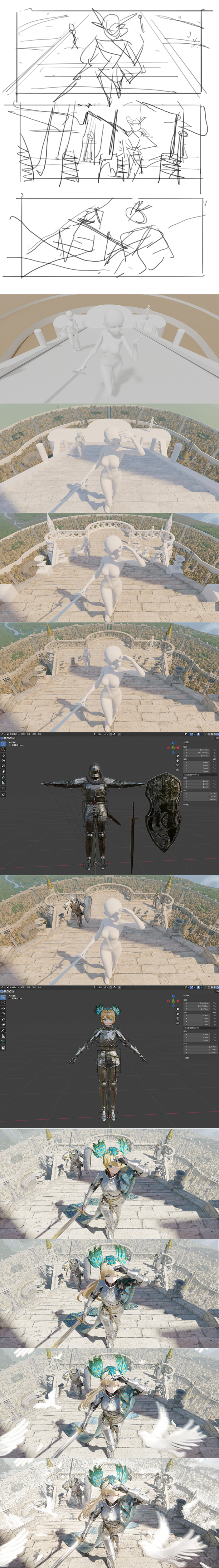 1girl 2boys absurdres arm_armor arm_up armor armored_boots bird blender_(medium) blonde_hair boots breastplate city cityscape closed_mouth commentary_request day european_architecture feathers foot_out_of_frame full_armor gauntlets green_eyes headpiece highres holding holding_shield holding_sword holding_weapon johnblack knight leg_armor long_hair long_image looking_at_viewer making-of multiple_boys one_eye_closed original outdoors scenery screencap shading_eyes shield shoulder_armor sketch stairs stone_stairs sunlight sword tall_image tower weapon white_bird