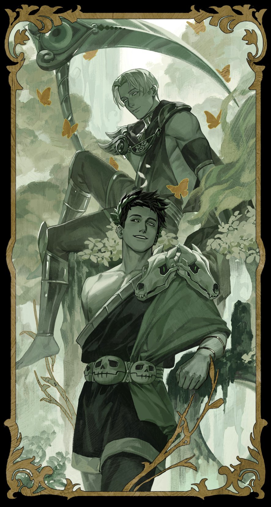 2boys animal_skull bare_pectorals belt black_sclera boots border bug butterfly chinese_commentary closed_mouth collarbone colored_sclera commentary_request curtained_hair elbow_rest feet_out_of_frame golden_butterfly grin hades_(series) hades_1 heterochromia highres insect knee_pads looking_down looking_up male_focus multiple_boys night_sturgeon nipples ornate_border ornate_weapon pants pectorals plant robe scythe short_hair sidepec single_bare_shoulder single_off_shoulder sitting skull_ornament smile teeth thanatos_(hades) weapon zagreus_(hades)