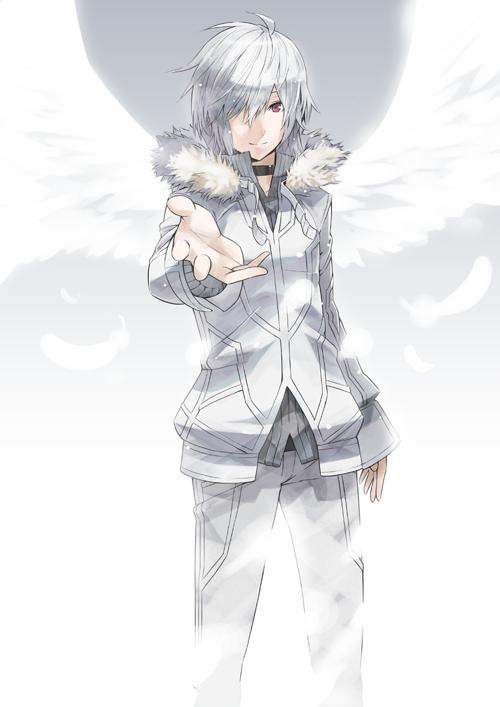 1boy accelerator_(toaru_majutsu_no_index) albino angel_wings choker energy_wings falling_feathers fantasy feathered_wings feathers feet_out_of_frame fur_collar gajuumaru glowing glowing_feather glowing_wings hair_over_one_eye jacket magic male_focus outstretched_arm psychic red_eyes science_fiction smile solo spoilers spread_wings toaru_majutsu_no_index white_feathers white_wings wings