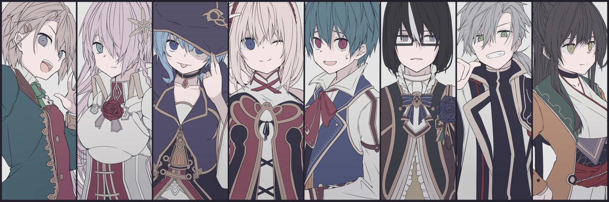 3boys 5girls adah_(grimms_notes) aqua_eyes aqua_hair black_hair blonde_hair blue_eyes blue_hair breasts brown_hair closed_mouth clovis_(grimms_notes) ex_(grimms_notes) fam_(grimms_notes) glasses green_eyes grey_streaks grimms_notes iumi_urura long_hair looking_at_viewer medium_hair multicolored_hair multiple_boys multiple_girls pink_hair purple_eyes red_eyes reina_(grimms_notes) shane_(grimms_notes) short_hair smile tao_(grimms_notes) third_(grimms_notes) tongue tongue_out two-tone_hair upper_body yellow_eyes