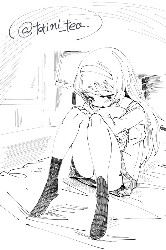 10s 1girl bed commentary_request curtains female_focus girls_und_panzer greyscale hairband hugging_object inn knees_together_feet_apart knees_up lamp long_hair looking_at_viewer monochrome on_bed ooarai_school_uniform panties pantyshot pillow pillow_hug pleated_skirt reizei_mako school_uniform serafuku sitting sketch skirt socks solo text_focus torichamaru translation_request triangle_mouth twitter_username underwear white_background white_panties window