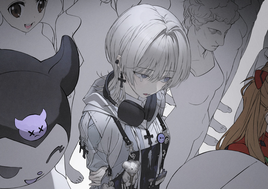 2girls apron black_apron blonde_hair bodysuit brown_eyes character_request cross cross_earrings demon_emoji ear_piercing earrings emoji from_above grey_hair grey_jacket hand_on_own_elbow headphones headphones_around_neck interface_headset_(evangelion) jacket jewelry lineup long_hair medium_hair multiple_girls neon_genesis_evangelion noose one_eye_closed open_mouth original piercing red_bodysuit round_teeth smile smile_emoji souryuu_asuka_langley standing statue stuffed_animal stuffed_toy tearing_up teddy_bear teeth upper_body upper_teeth_only wanke x_x