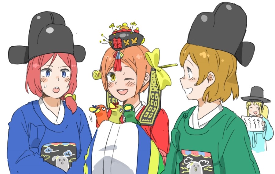 10s 4girls :o ;d ^_^ anyan_(jooho) ayase_eli blonde_hair blush bow brown_hair closed_eyes gat_(hat) grin hair_bow hair_over_shoulder hair_ribbon hat hoshizora_rin ikseongwan image_sample jokduri koizumi_hanayo korean_clothes korean_traditional_hat love_live! love_live!_school_idol_project minami_kotori_(bird) multiple_girls naver_sample nishikino_maki one_eye_closed open_mouth orange_hair ponytail red_hair ribbon short_hair simple_background smile sweatdrop wedding white_background wide_sleeves yellow_bow