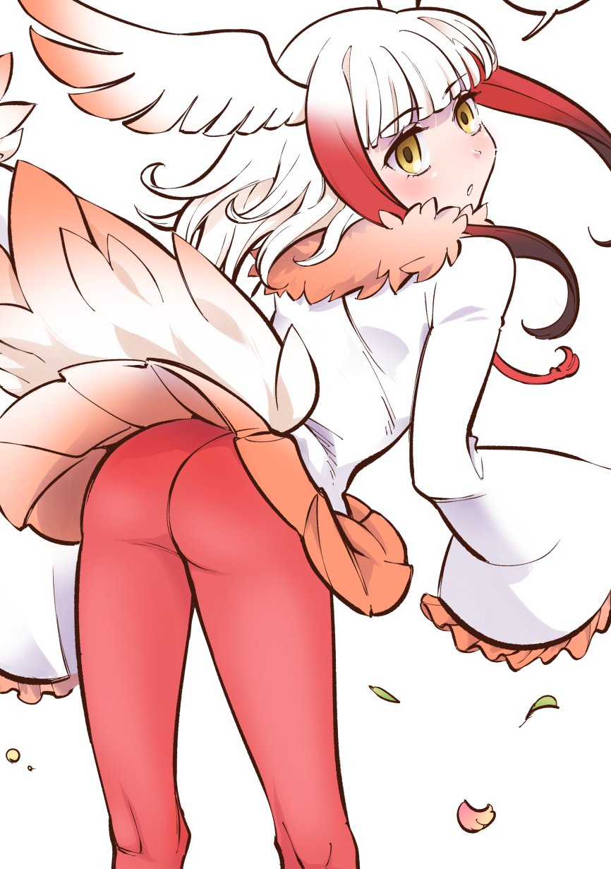 1girl ass bird_wings blunt_bangs empty_eyes feather-trimmed_sleeves fur_collar head_wings highres japanese_crested_ibis_(kemono_friends) kemono_friends looking_at_viewer looking_back medium_hair pantyhose pleated_skirt red_hair red_pantyhose skirt solo white_hair wide_sleeves wings yokuko_zaza