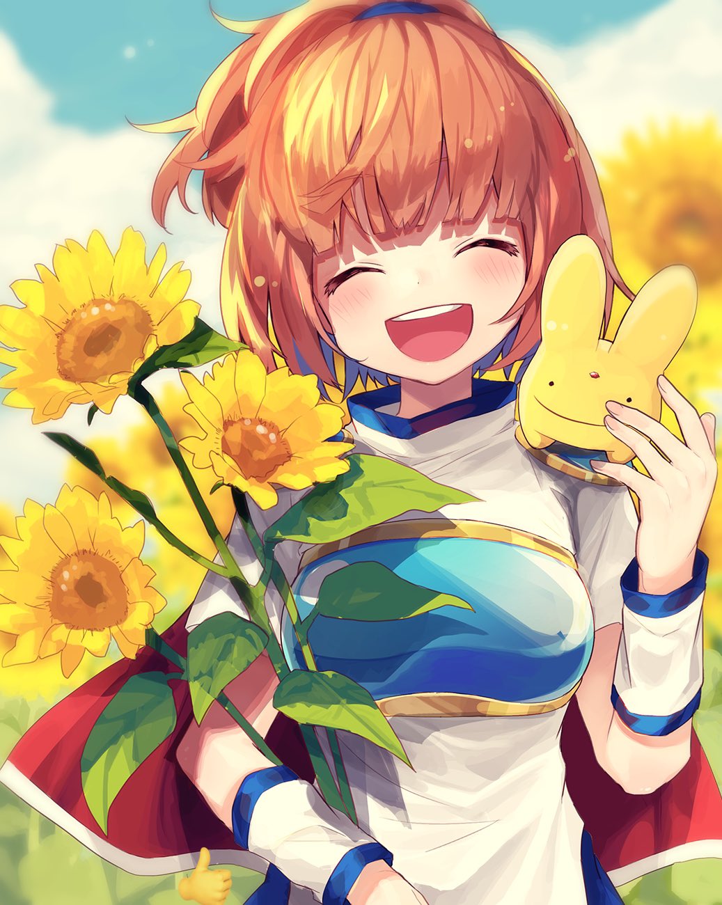1girl ^_^ arle_nadja armor blue_sky blunt_bangs blurry blurry_background brown_hair cape carbuncle_(puyopuyo) chest_guard closed_eyes closed_mouth cloud commentary creature creature_on_shoulder flower hand_up happy high_ponytail highres holding holding_flower kuroda_(kuro_yyy) on_shoulder open_mouth outdoors ponytail puyopuyo red_cape shirt short_sleeves single_shoulder_pad sky smile standing sunflower teeth upper_body upper_teeth_only white_shirt wristband yellow_flower