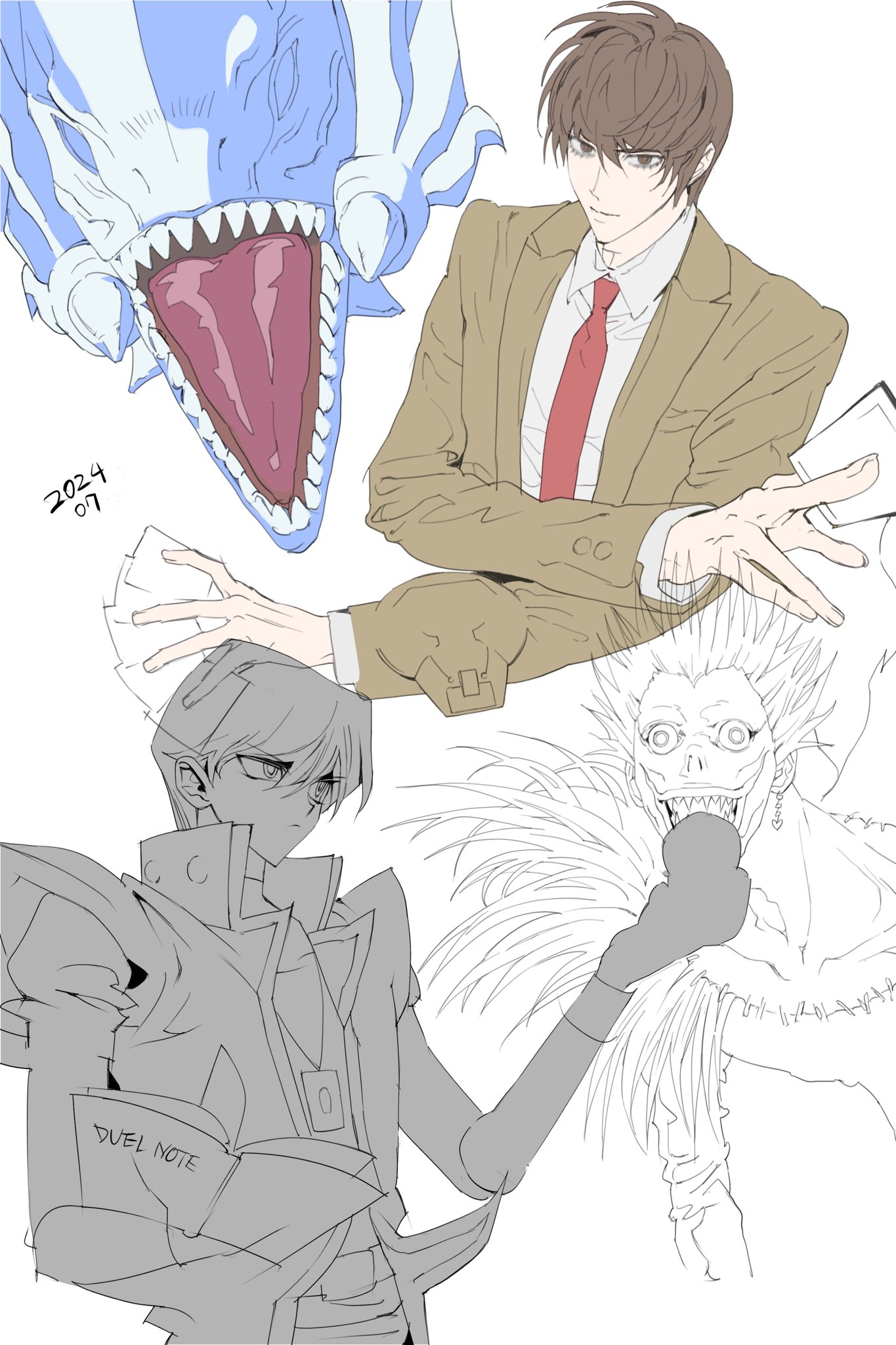 3boys apple blue-eyes_white_dragon brown_eyes brown_hair brown_jacket card collared_shirt dated death_note death_note_(object) dragon earrings food fruit hair_between_eyes hair_slicked_back highres holding holding_card holding_food holding_fruit holding_notebook jacket jewelry kaiba_seto kinbakuoujii male_focus multiple_boys necktie notebook open_mouth popped_collar red_necktie ryuk sharp_teeth shinigami shirt short_hair suit_jacket teeth upper_body white_background white_shirt wide-eyed yagami_light yu-gi-oh! yu-gi-oh!_duel_monsters