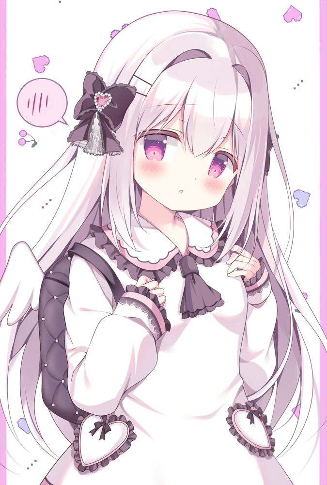 1girl azumi_kazuki backpack bag black_bow blush bow breasts chestnut_mouth collared_dress commentary_request dress feather_hair_ornament feathers frilled_shirt_collar frilled_sleeves frills grey_hair hair_between_eyes hair_bow hair_intakes hair_ornament hairclip hands_up heart long_hair long_sleeves looking_at_viewer original parted_lips puffy_long_sleeves puffy_sleeves purple_eyes sleeves_past_wrists small_breasts solo spoken_blush very_long_hair white_background white_wings wings