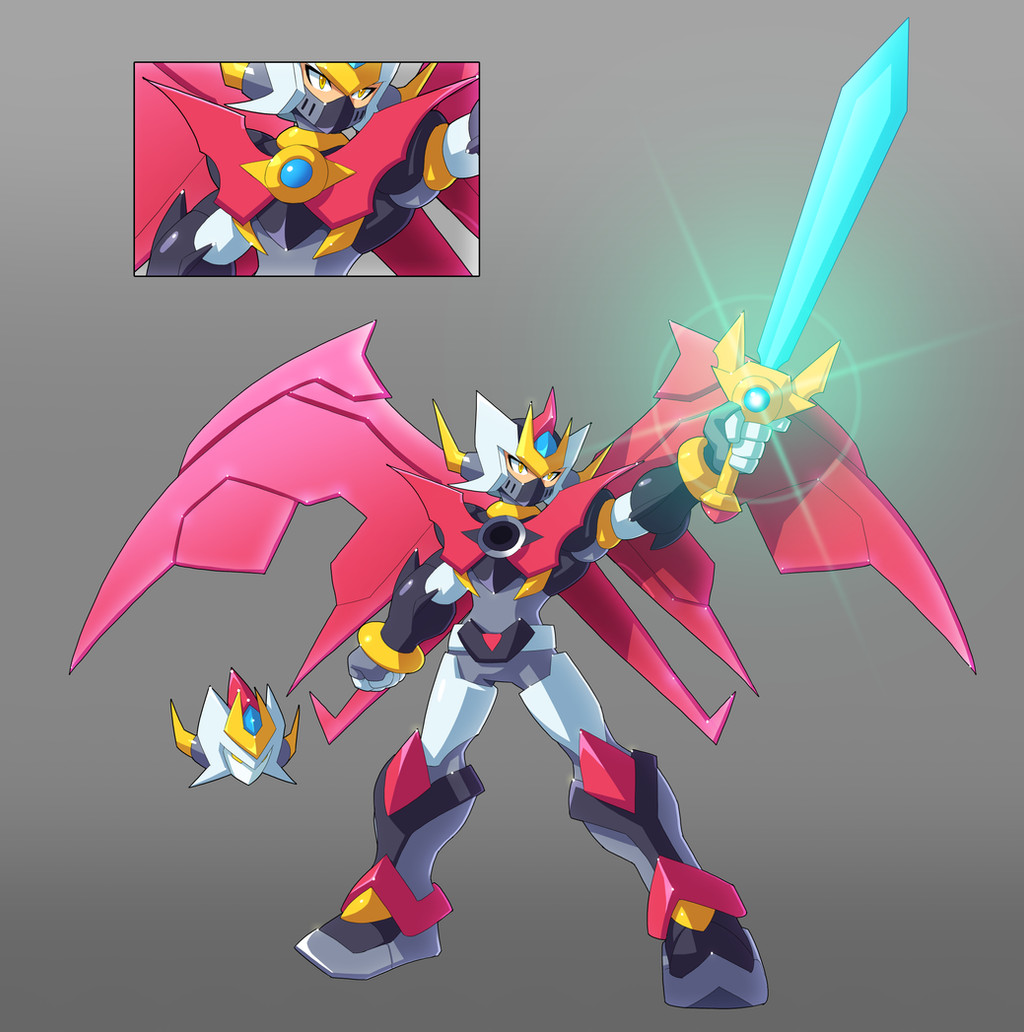 1boy armor biometal bodysuit clenched_hand crossover energy_blade energy_sword helmet holding holding_sword holding_weapon horns mazinger_(series) mazinkaiser mazinkaiser_(robot) mecha mechanical_wings mega_man_(series) mega_man_zx power_armor robot super_robot sword ultimatemaverickx weapon wings yellow_eyes