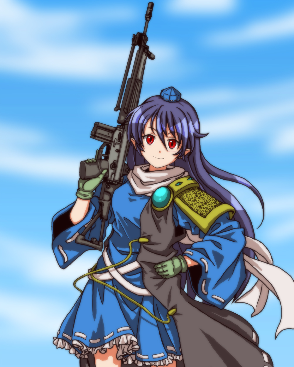 1girl anime_coloring assault_rifle blue_dress closed_mouth commentary_request cowboy_shot dress enohito84 frilled_dress frills gem gloves green_gloves gun hair_between_eyes hand_on_own_hip hand_up hat highres holding holding_gun holding_weapon howa_type_89 iizunamaru_megumu light_smile long_hair long_sleeves looking_at_viewer pointy_ears purple_hair red_eyes ribbon-trimmed_dress ribbon-trimmed_sleeves ribbon_trim rifle scarf shoulder_guard solo standing tokin_hat touhou weapon white_scarf wide_sleeves