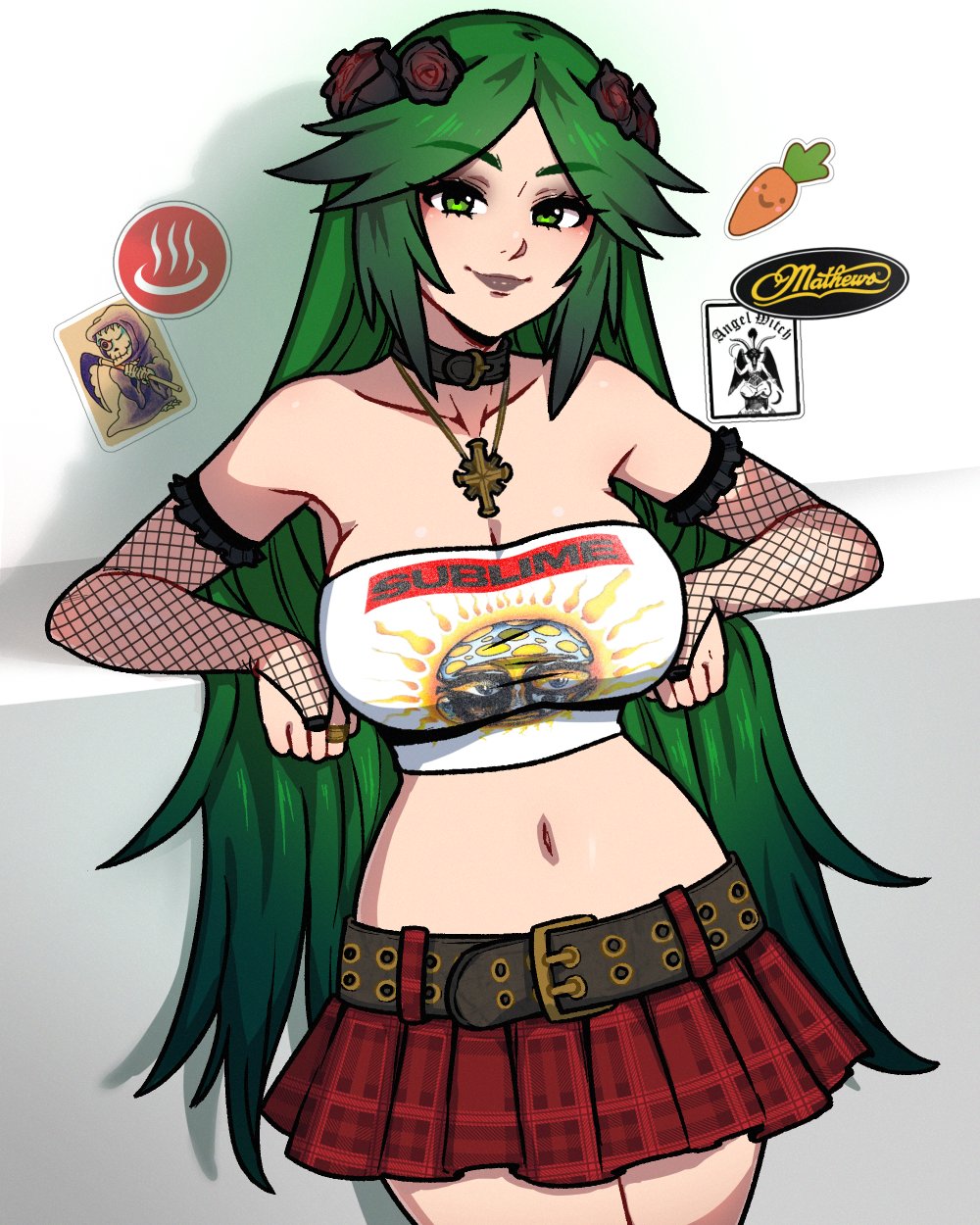1girl akairiot bare_shoulders black_eyeshadow black_lips breasts commentary english_commentary eyeshadow fishnet_armwear fishnets goth_fashion green_eyes green_hair highres jewelry kid_icarus kid_icarus_uprising large_breasts long_hair looking_at_viewer makeup midriff navel nintendo palutena ring solo very_long_hair