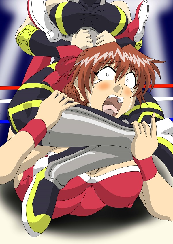 2girls aoi_azuma asphyxiation bare_shoulders blush boots bow breasts brown_hair constricted_pupils dark_star_chaos hair_bow large_breasts leotard long_hair multiple_girls mutou_megumi open_mouth ryona screaming strangling submission_hold tears tongue wrestle_angels wrestling wrestling_outfit wrestling_ring