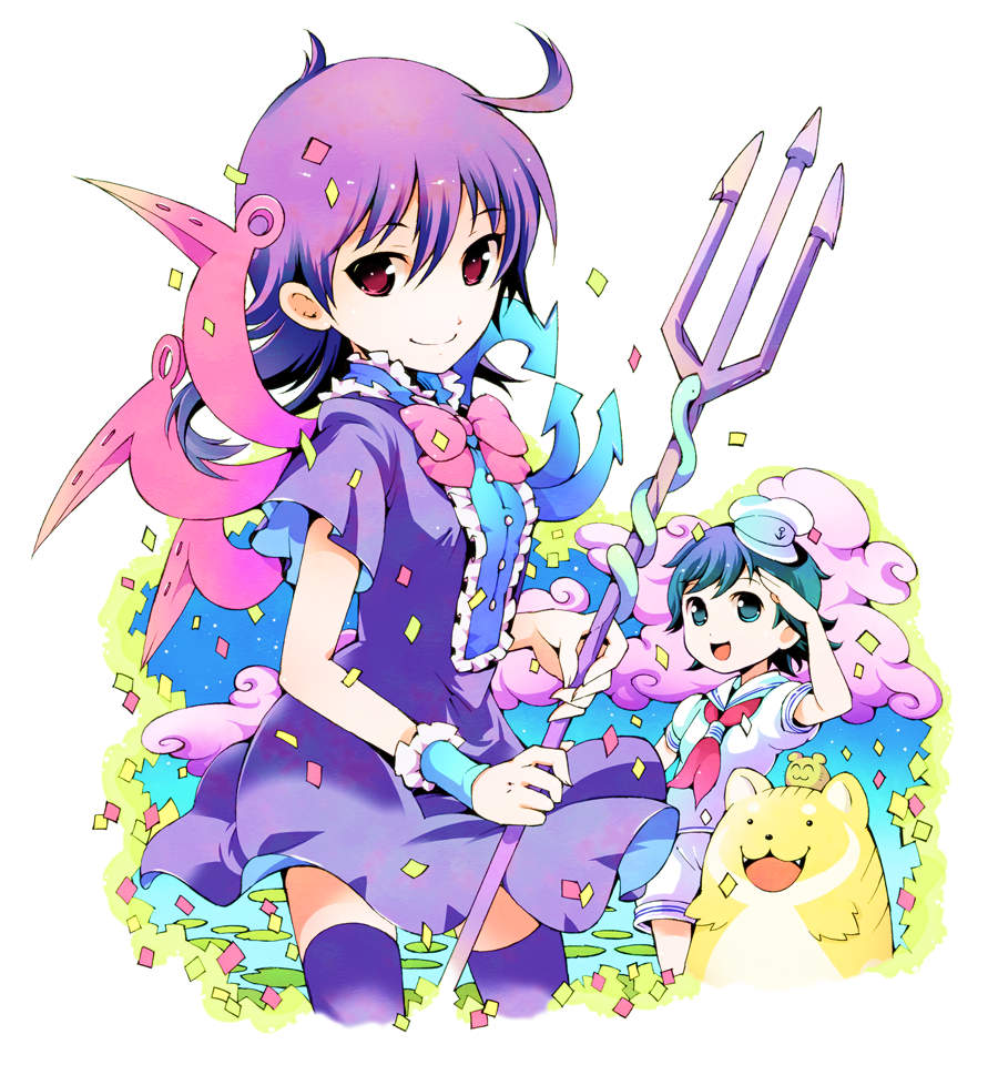 2girls :3 ^_^ ahoge animal animal_on_head asymmetrical_wings blue_eyes blue_hair bow chibi chibi_on_head closed_eyes dress closed_eyes fangs female_focus hat houjuu_nue ichizen_(o_tori) md5_mismatch multiple_girls murasa_minamitsu nazrin nazrin_(mouse) neckerchief on_head open_mouth polearm purple_dress purple_hair purple_legwear purple_skirt ribbon sailor_dress sailor_hat salute shirt skirt smile snake thighhighs toramaru_shou toramaru_shou_(tiger) touhou trident weapon wind wings wrist_cuffs wrist_ribbon zettai_ryouiki