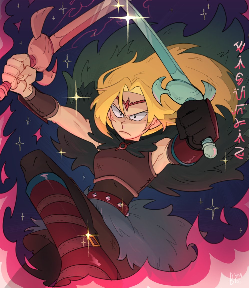 1girl amphibia blonde_hair boots byubiyubi cape closed_mouth dual_wielding fire fur_cape fur_skirt gloves heron_sword holding holding_sword holding_weapon long_hair mole mole_under_eye parted_bangs resistance_costume_(amphibia) sasha_waybright serious single_glove solo sparkle spiked_belt sword weapon