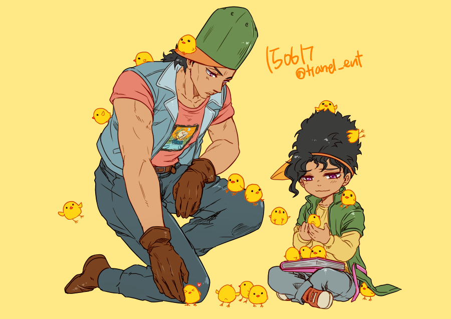 &gt;_&lt; 2boys animal animal_on_head bird bird_on_head black_hair boingo book brothers brown_gloves chick dark_skin dark-skinned_male closed_eyes gloves hat heart indian_style jacket jojo_no_kimyou_na_bouken kneeling meme multiple_boys muscular oingo on_head purple_eyes shoes siblings sideways_hat sitting sneakers tianel_ent too_many too_many_birds too_many_chicks twitter_username vest visor_cap
