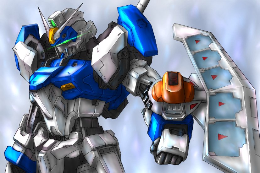 crossover duel_disk duel_gundam fineitogel glowing glowing_eyes grey_background gundam gundam_seed mecha mecha_focus no_humans robot simple_background upper_body v-fin yu-gi-oh!