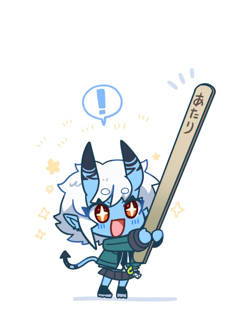 ! +_+ 1girl :d black_boots black_necktie black_skirt blue_skin blush boots chibi chibi_only colored_skin commentary demon_girl demon_tail ear_piercing green_jacket happy_aura highres holding holding_stick horns jacket long_sleeves miniskirt necktie open_mouth orange_eyes oversized_object piercing pleated_skirt pointy_ears popsicle_stick shadow shirt short_eyebrows short_hair sidelocks simple_background skin-covered_horns skin-covered_tail skirt smile solo soukaku_(zenless_zone_zero) sparkle speech_bubble spoken_exclamation_mark standing stick tail tanpopo_hayabusa-maru thick_eyebrows translated two-handed white_background white_hair white_shirt zenless_zone_zero