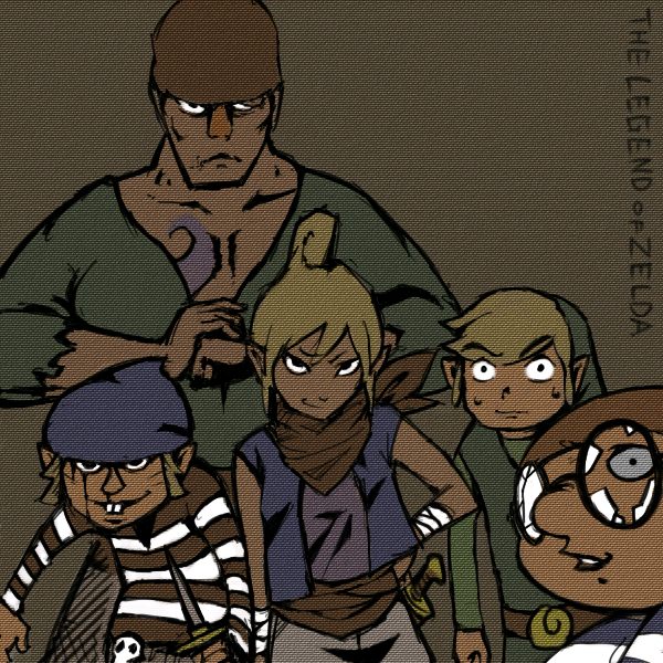 1girl 4boys androgynous bandana blonde_hair broken_eyewear brown_background buck_teeth copyright_name cracking_knuckles dagger glasses gonzo gonzo_(zelda) hand_on_own_hip knife kuruuya link mako_(zelda) multiple_boys neckerchief niko_(zelda) nintendo pirate pointy_ears scarf simple_background smirk teeth tetra the_legend_of_zelda the_legend_of_zelda:_the_wind_waker tomboy v-neck weapon you_gonna_get_raped