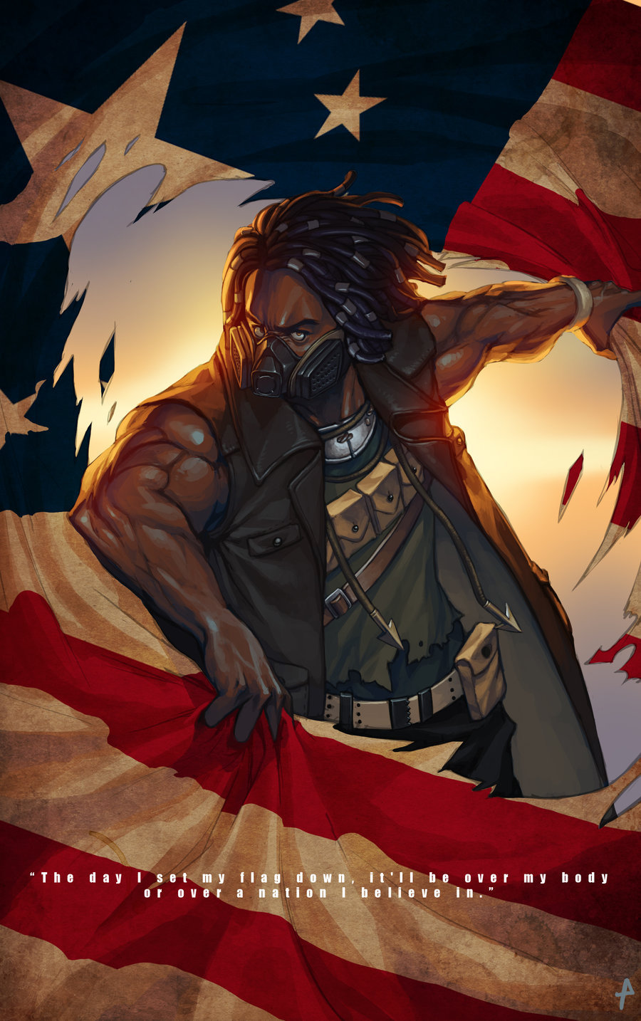 1boy american_flag bandolier belt cornrows dark_skin dreadlocks duster english_text fallout fallout:_new_vegas gas_mask highres mask muscular muscular_male penett pouch sleeveless solo sunset torn_clothes torn_flag ulysses_(fallout:_new_vegas) yellow_eyes