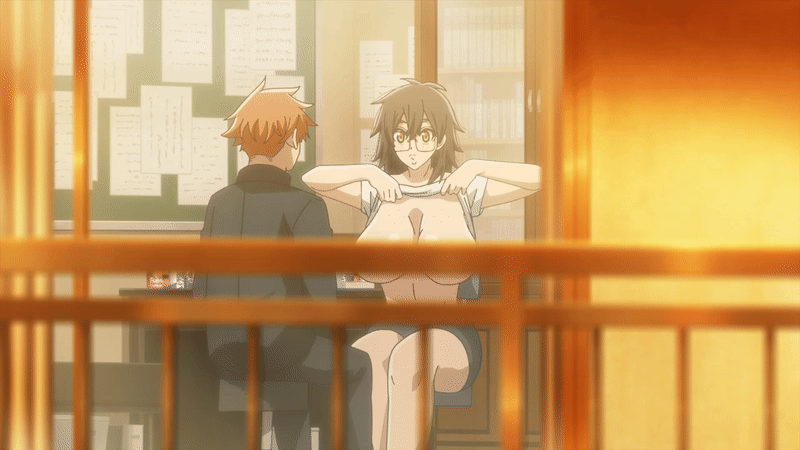 1boy 1girl 2025 20s aki_mary animated animated_gif balcony black_hair bouncing_breasts breasts clothes_lift convenient_censoring curvy doctor door female_focus flashing freckles freckles_on_breasts glasses gym_shorts height_difference huge_breasts ichinose_shiki_(tougen_anki) lifting_own_clothes lips medium_hair no_bra orange_hair sagging_breasts school_uniform shirt_lift shorts tagme tall_female thick_eyebrows thick_lips thick_thighs thighs tougen_anki yellow_eyes